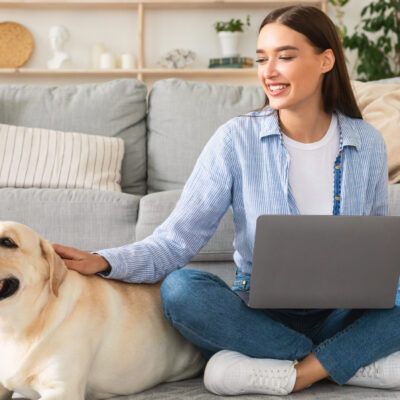 Asian woman and cute dog having fun together at home stock